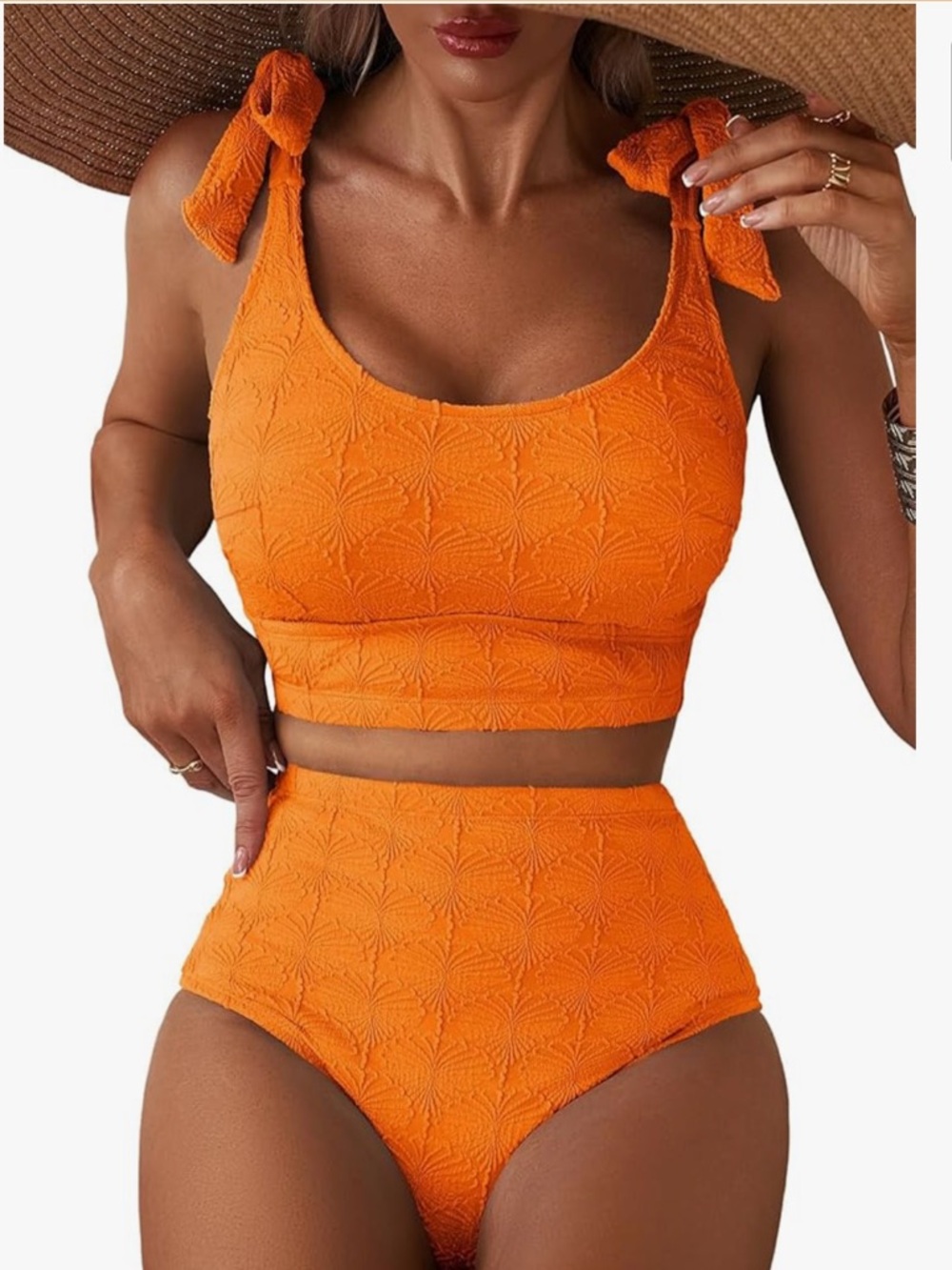 Orange Tie-Shoulder High-Waist Bikini Set